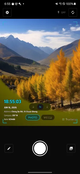 Trustamp camera capturing a mountain scene with a live time, date, GPS address and compass watermark